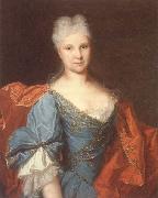 unknow artist Portrait of a lady,half-length,wearing a blue embroidered dress with a scarlet mantle oil painting on canvas